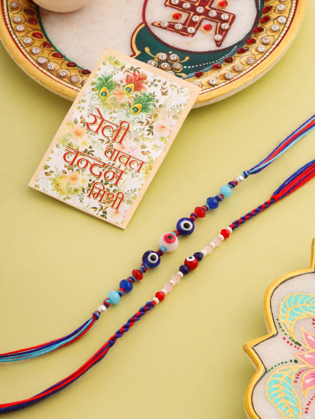 NVR Men Multicolor Evil Eye Artificial Beads Thread Rakhi with Roli Chawal Chandan & Mishri-One Size / Multicolor