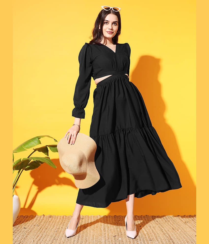 ZWERLON Women Crepe Solid Cut Out Dress ( Mustard )