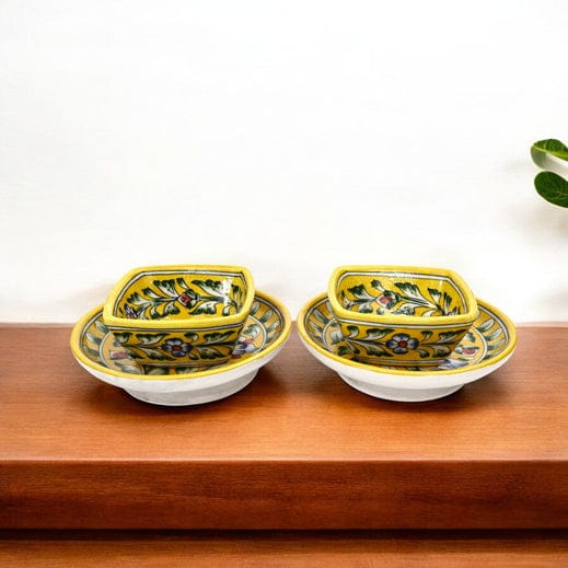 Yellow Floral Square Platter & Bowl Set Handcrafted Jaipur Blue Pottery for Timeless Dining