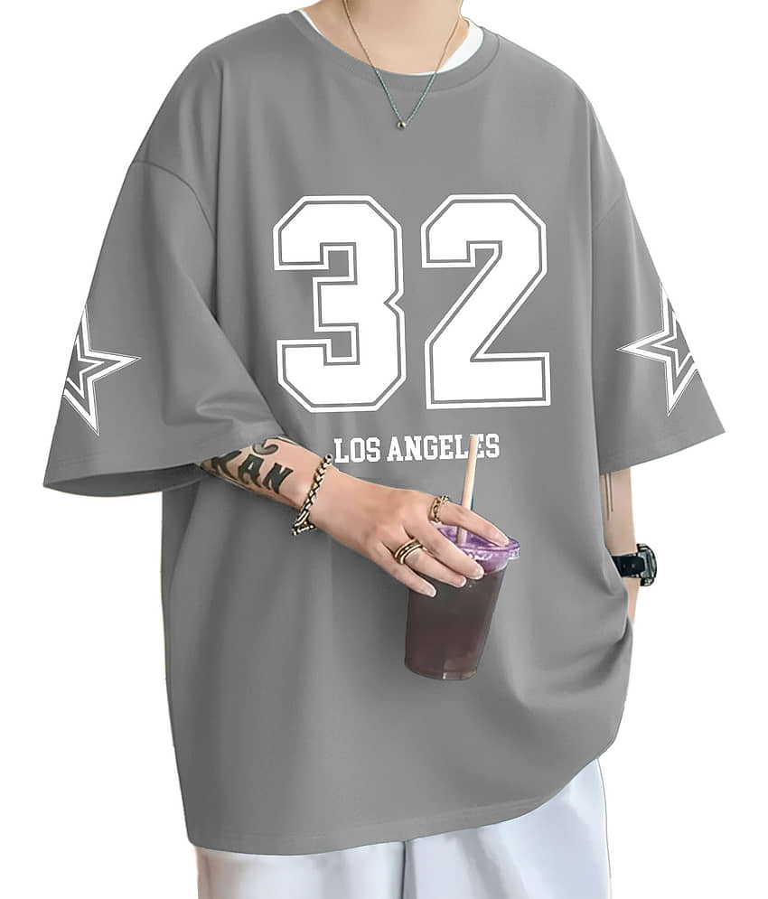 AOOSH Men Cotton Blend Oversized Fit Printed T Shirt ( Grey )