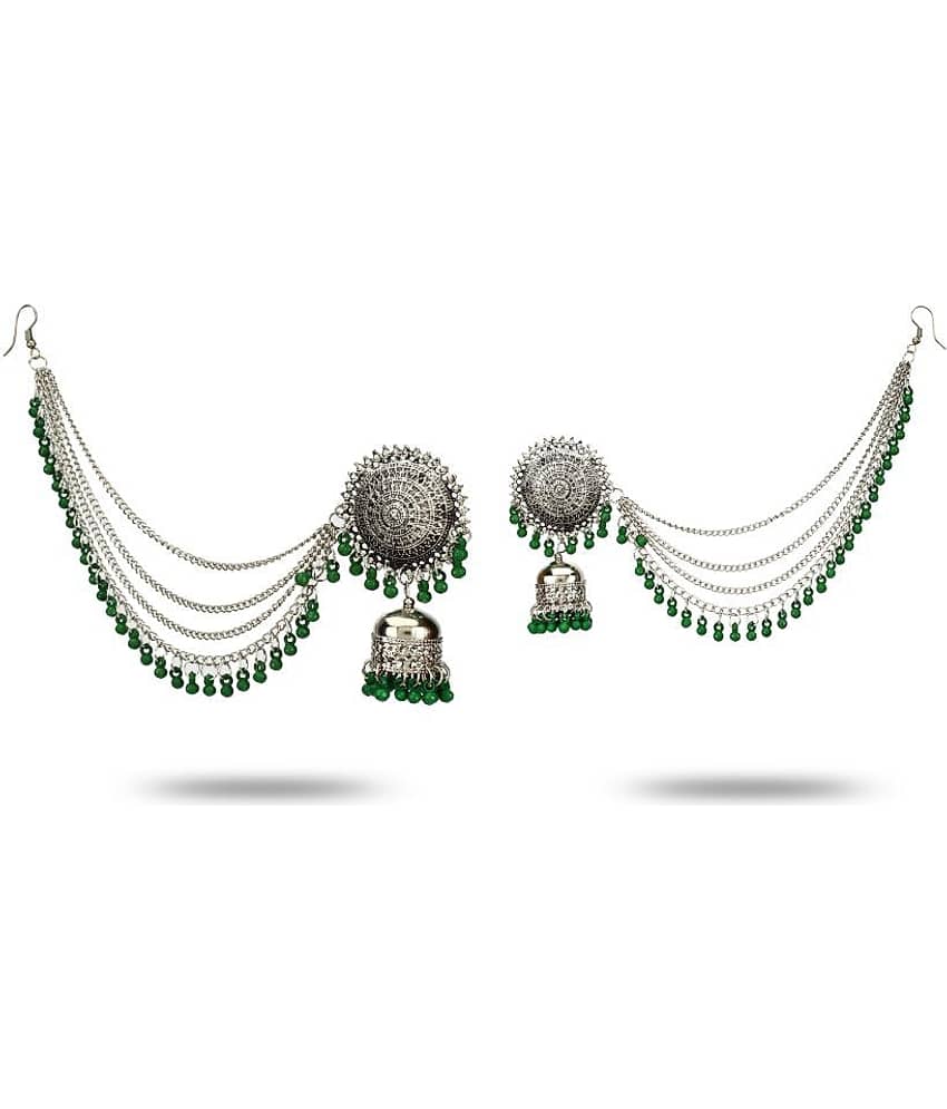 YouBella Stylish Latest Design Combo Of Earrings And Maang Tikka Jewellery Silver Plated  Jhumki Earrings for Women (Green) (YBEAR_32664)
