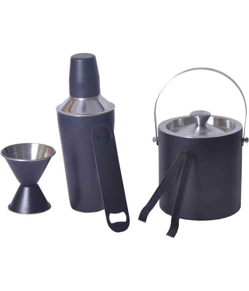 Dynore Black Cocktail Shaker Double Sided Peg Measure Double Wall Ice Bucket And Ice Tong And Bottle Opener - Set Of 5