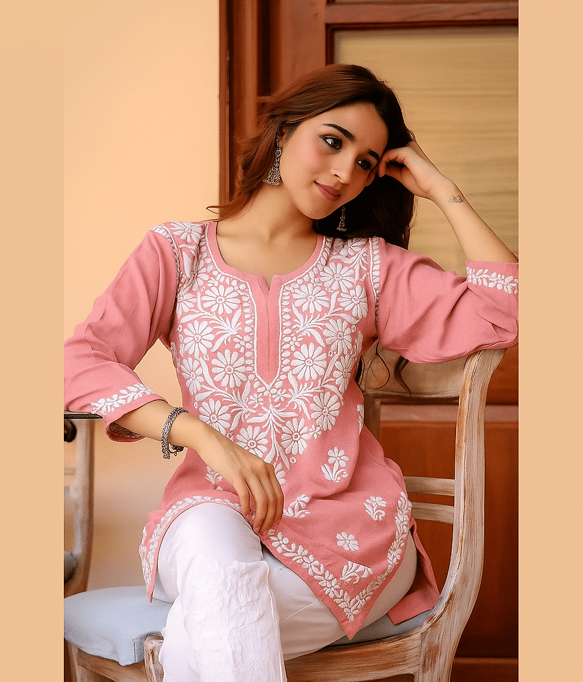 Estela Women Cotton Blend Solid Straight Kurti ( Pink )