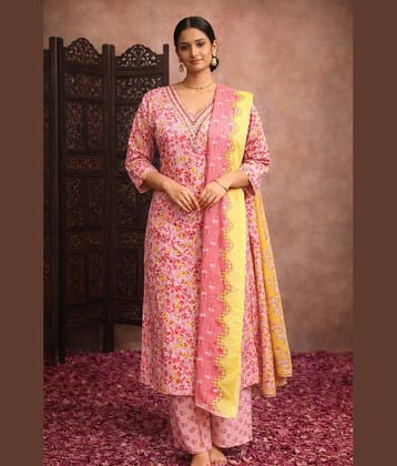 Aarika Women Cotton Printed Straight Kurti With Pants ( Red )