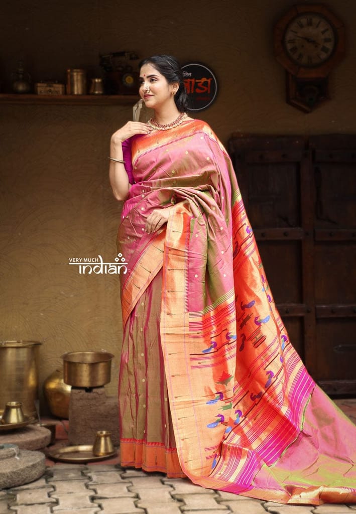 Exclusive - Authentic Handloom Pure Silk Muniya Border Paithani Dual Tone Beautiful Pink Green (High Quality Silk and Weaving) - Sarees | Buy online on ZillyBuy