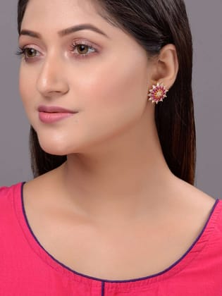 Gold Plated ornate Floral studs Red & White AD encrusted Earrings
