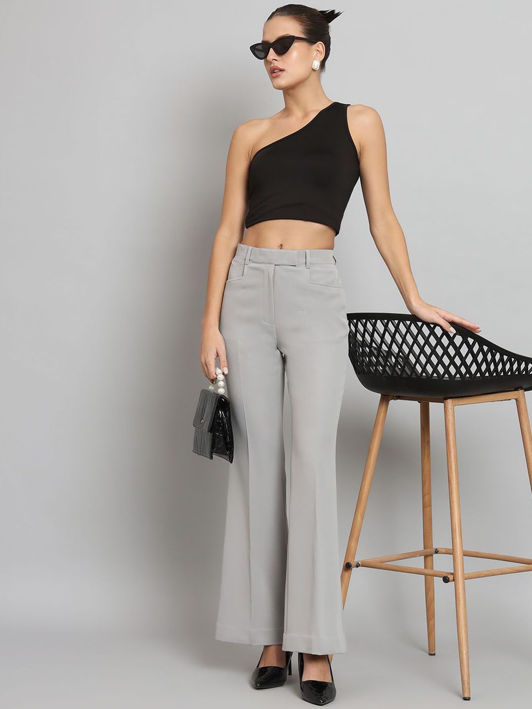 Mid Waist Bell Bottom Stretch Trouser - Grey-3XL