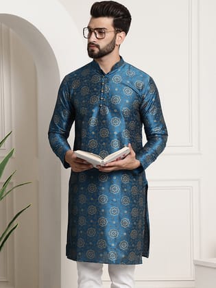 Men's Silk Blend Peacock Blue Printed Long Kurta-36