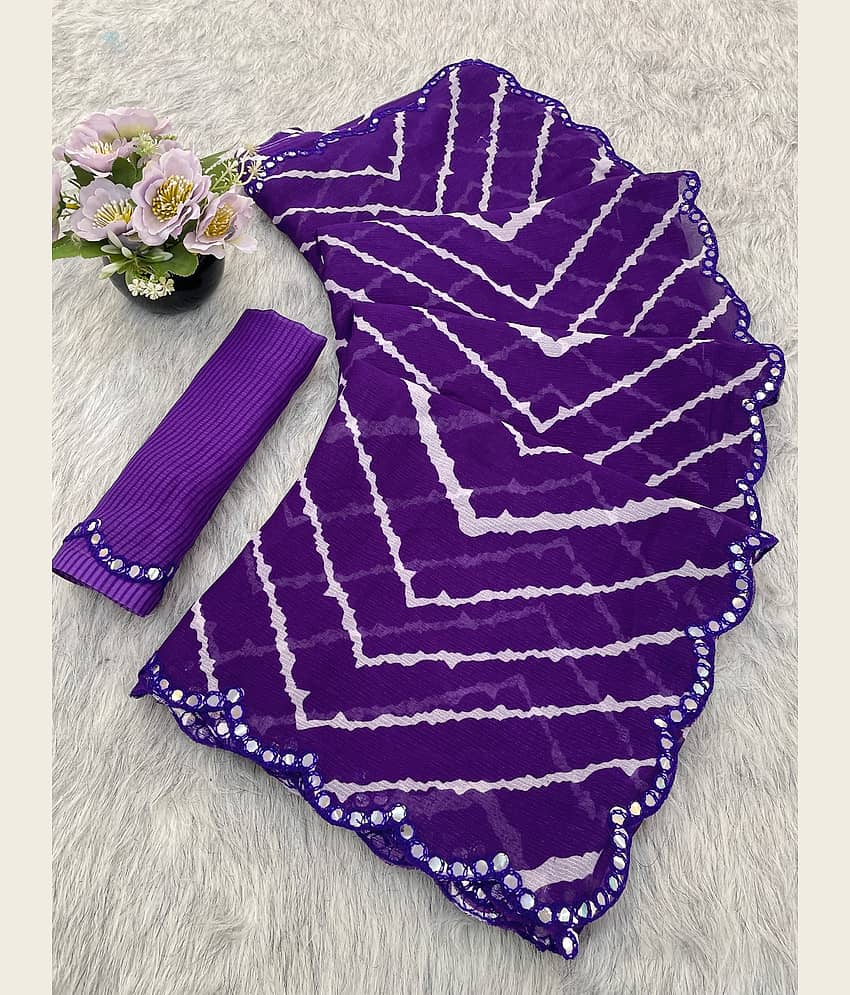 VEERAIVA Chiffon Printed Leheriya Saree With Unstitched Blouse Piece ( Purple )