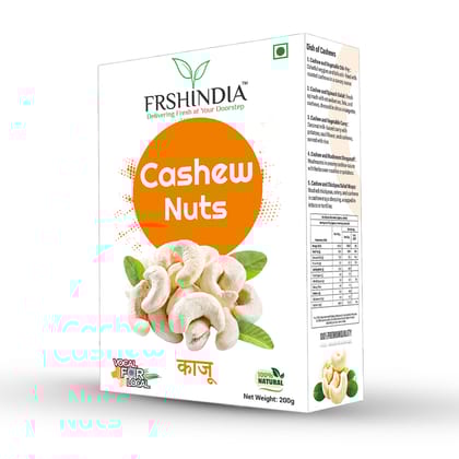 FrshIndia Pure Cashews Whole, Kaju, Nutritious & Delicious, Premium Kaju Nuts, Rich In Protein, Magnesium & Phosphorus, Deluxe Size & Crunchy Nuts, 200 gm FrshIndia Pure Cashews Whole, Kaju, Nutritious & Delicious, Premium Kaju Nuts, Rich In Protein, Magnesium & Phosphorus, Deluxe Size & Crunchy Nuts, 200 gm