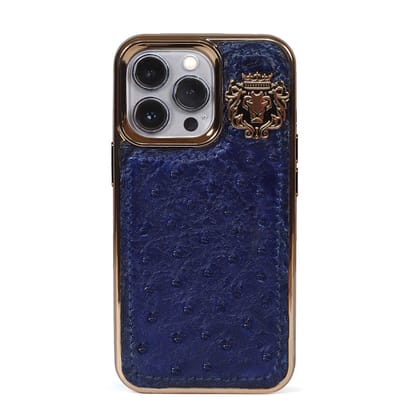 Golden Rim Mobile Cover in Blue Real Ostrich Leather-13Pro