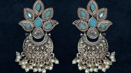 Bilasita Royal Heritage Chandbali Earrings (Turquoise & Pearl) | Oxidised Vintage Finish | Ethnic & Festive Wear