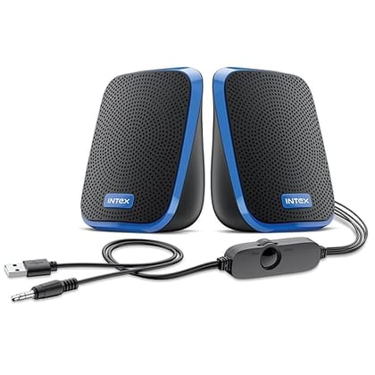 Intex IT-120 2.0 Channel Desktop Speaker with 10W Powerful Sound, USB Powered, 3.5mm Jack, in-Line Volume Control, Loud & Compact Design, Portable for Laptop, Computer, Mobile  Blue