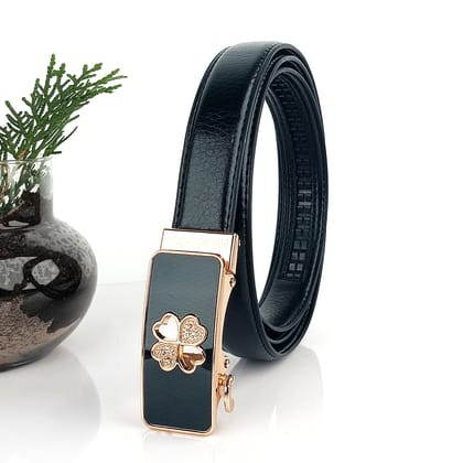 Hemener Girls Metal Auto Grip Buckle Black Vegan Leather Belt-36