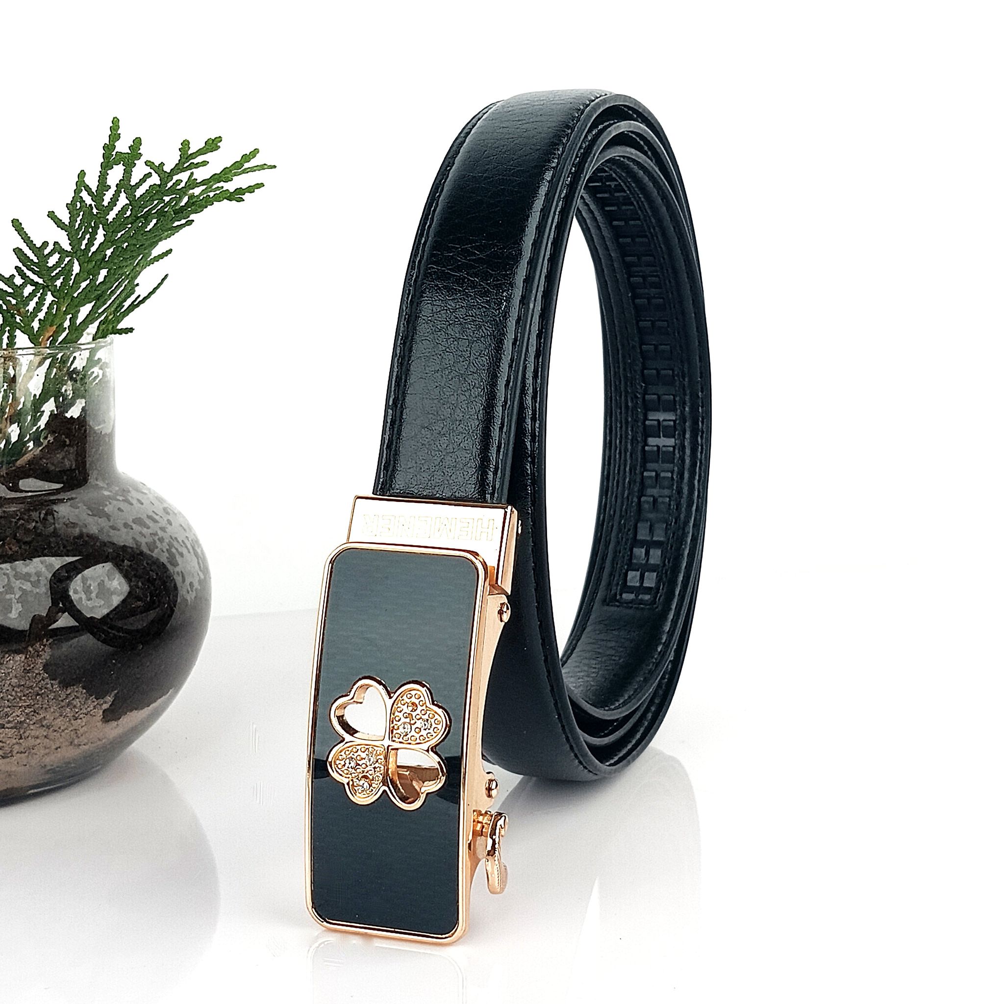 Hemener Girls Metal Auto Grip Buckle Black Vegan Leather Belt-36