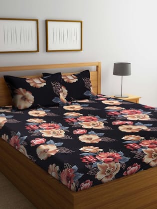 Black & Pink Floral 300 TC King Bedsheet with 2 Pillow Covers