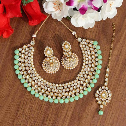 Pista Green Color Kundan Necklace Set-Adjustable rope / pista green / Necklace Length: 16.00 CM x Width: 8.00 CM
