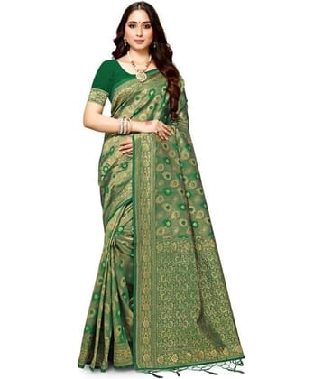 NENCY FASHION Banarasi Silk Self Design Saree With Unstitched Blouse Piece ( Green )