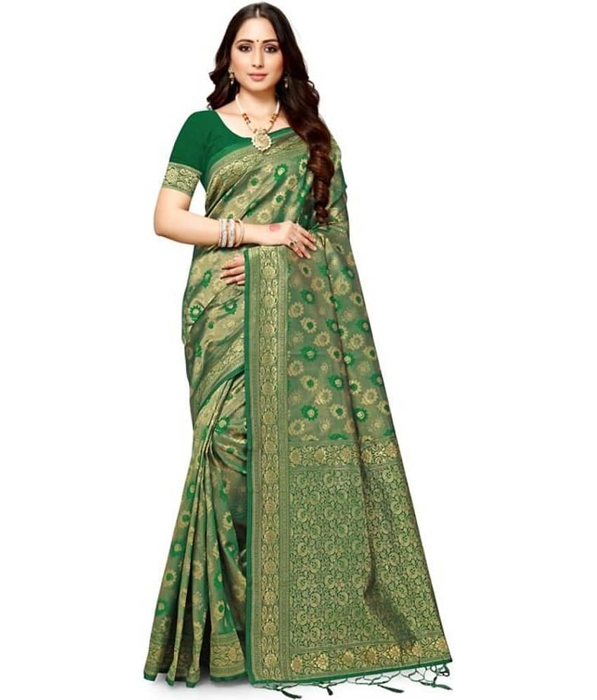 NENCY FASHION Banarasi Silk Self Design Saree With Unstitched Blouse Piece ( Green )
