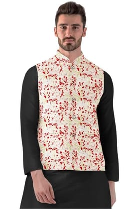 Men's Jacquard Printed Full Sleeve Waistcoat (Red-Beige, 40)-PID53479 Men's Jacquard Printed Full Sleeve Waistcoat (Red-Beige, 40)-PID53479