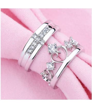 Silver Shine Silver Plated Solitaire king and Queen Adjustable Couple ring with American diamond and crystal stones for Men and Women,Couple ring for Girls and Boys-2 pieces