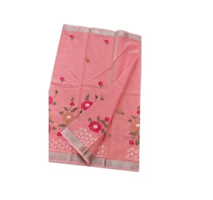 Sewa Sansthan Art-Handmade Embroidered Kota Doria Saree With Attached Blouse Piece, Pink