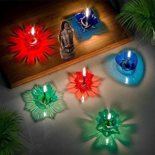 Breepree 3D Rangoli Reflective Diya Set of 12 Multicolour Fancy Diyas for Diwali Pooja and Home Decoration