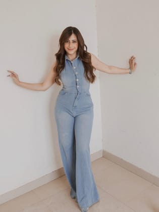 Halterneck Backless Denim Jumpsuit-Blue / S