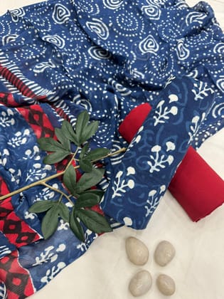 Indigo Dabu Cotton Suit With Chiffon Dupatta