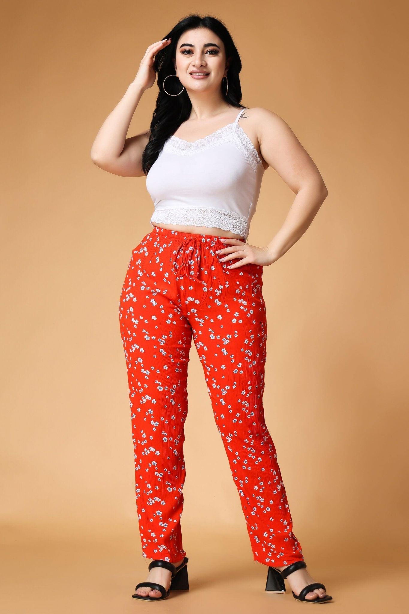 Bright Floral Printed Pyjamas-L / Red