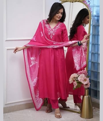 PURVAIYA CREATION Silk Blend Embroidered Kurti With Pants Women's Stitched Salwar Suit - Pink ( Pack of 1 )