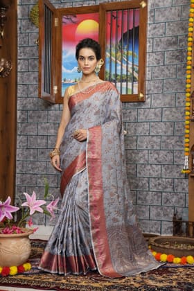 Grey Katan Silk Floral Weaving Saree