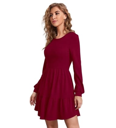 Women's Knitting Stretchable Solid Round Neck Full Sleeve Dresses (Maroon, S)-PID56785