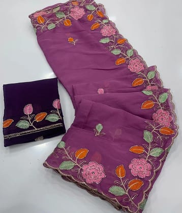 Star Georgette saree with embroidery work all over saree and beautiful  flower  design with cut work border.