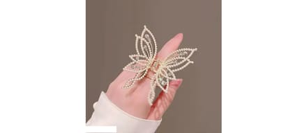 GLIMM Stylish Butterfly Hair Pearl Claw Metal Clutcher Wedding Fancy Accessories for Girls and Women (Metallic Gold) Pack of 1