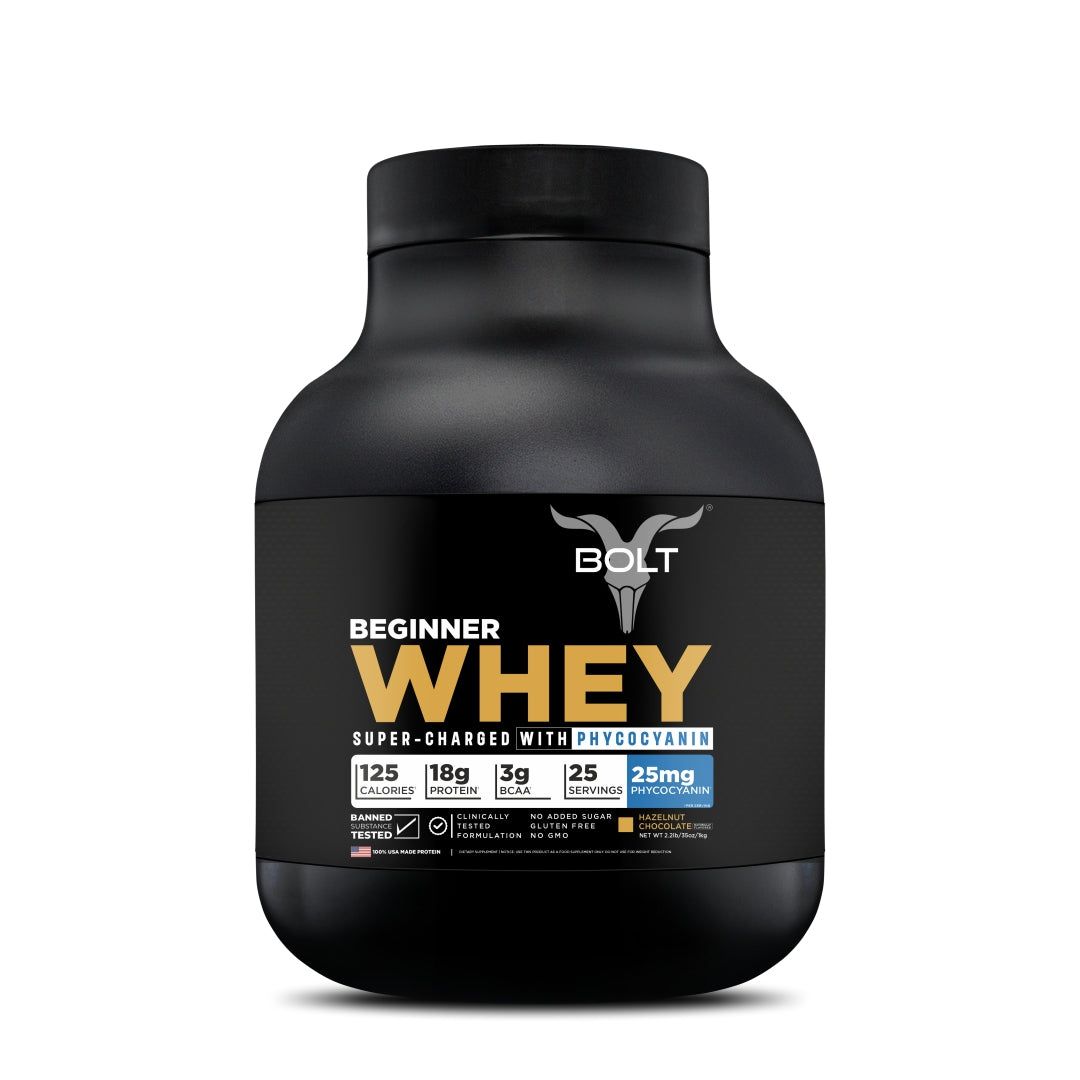 Bolt Beginner Whey Protein | With Superfood PHYCOCYANIN | USA Formulation & Origin-2.2lb / Hazelnut Chocolate