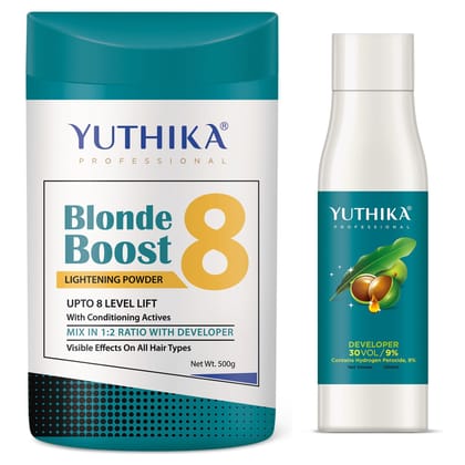 Yuthika Professional Blonder Powder 500g with Hair Color Developer 30 Volume (9%) 1000ml