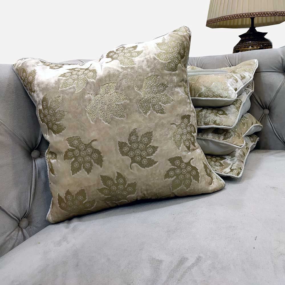 GOODVIBES Cream Ivory Cushion Cover with Leaf Zari Embroidered Stitched Zippered Velvet Cushion Cover (Off White ) | 24X24 Inches | 60cm * 60 cm I Set of 5|