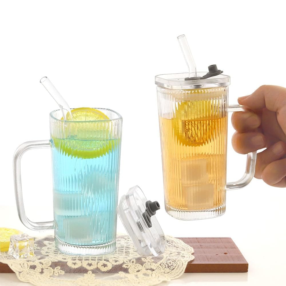 Glass Drinking Tumbler with Lid & Straw, 250 ML, Set of 1, Transparent Square Cup with Handle, Sipper for Juice, Water, Smoothies, Cocktail, Mocktail and Variety of Drinks, Ideal for Man/Women