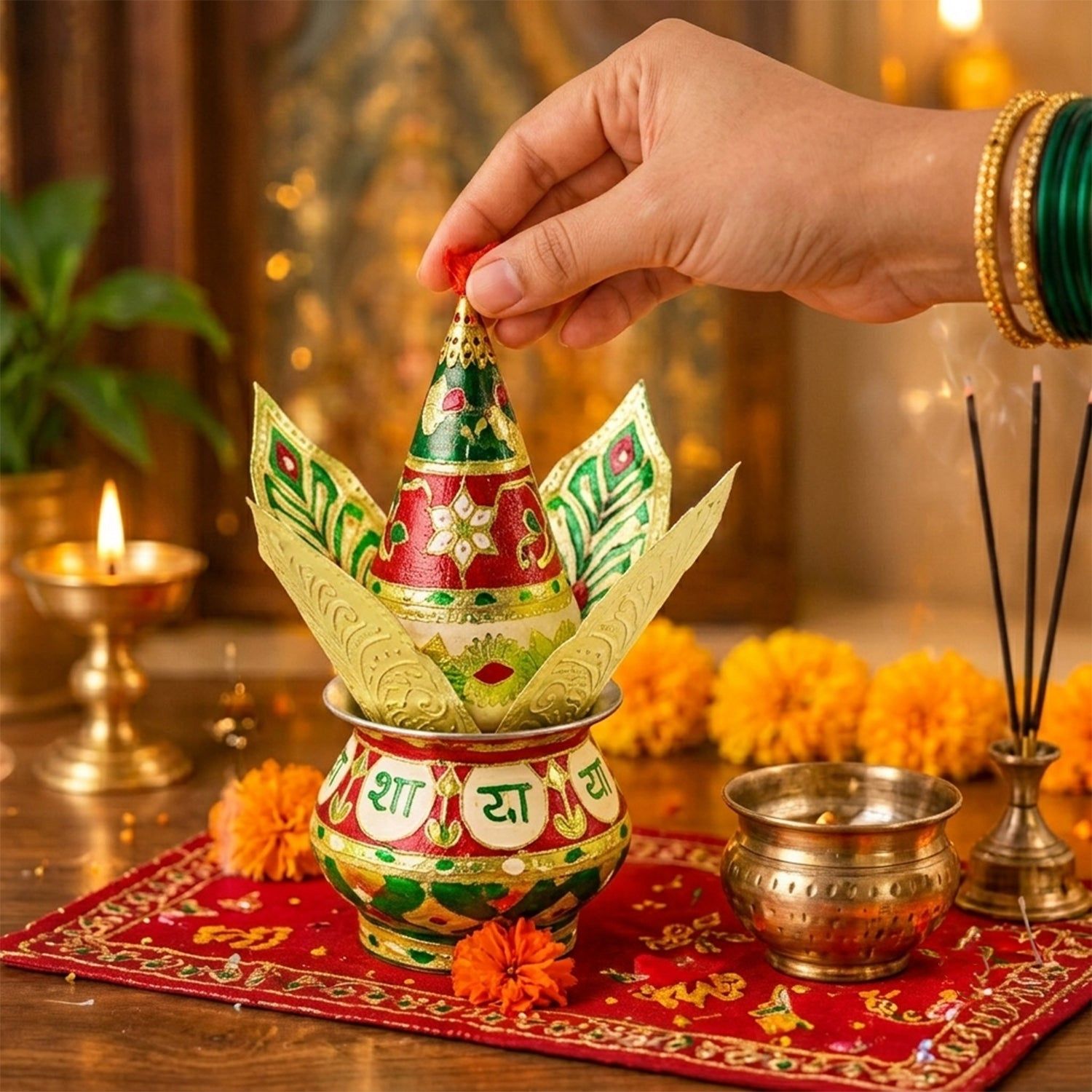 Traditional Pooja Kalash with Ornate Lotus Crown Design