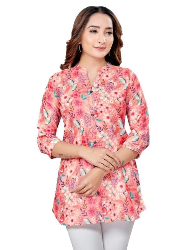 Women's Cotton Blend Mandarin Collar 3/4 Sleeves Short Top (Pink, M)-PID56239