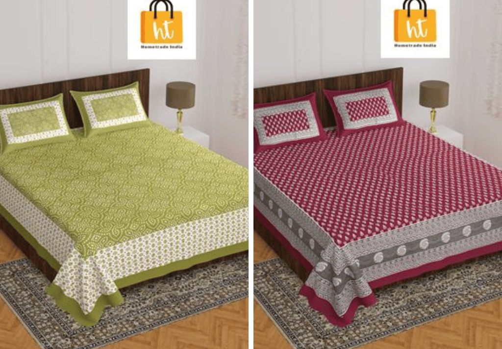 2201-Hometrade India- Standard Double Size (90*100 in )-Combo Jaipuri Double bedsheet With Matching Pillow Cover
