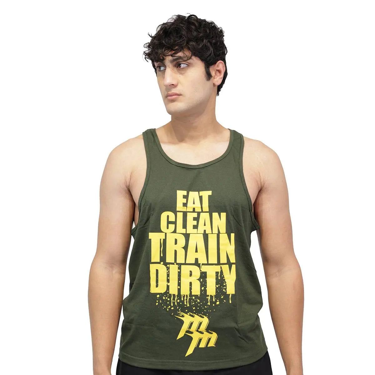 Muscle Mantra Gym Stringer Eat Clean Train Dirty-Green / M