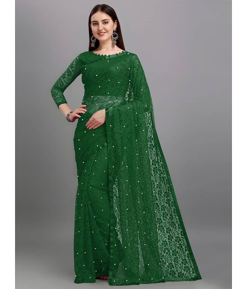 VANRAJ CREATION Net Self Design Saree With Unstitched Blouse Piece ( Green )
