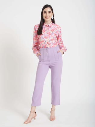 Premium Micro Digital Print Puff Sleeve Shirt With Lavender Pleated Fit Trouser-M / 28
