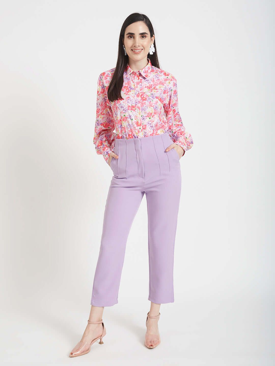Premium Micro Digital Print Puff Sleeve Shirt With Lavender Pleated Fit Trouser-M / 28