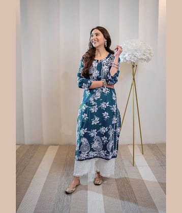anushansa Women Viscose Rayon Printed Straight Kurti ( Navy Blue )