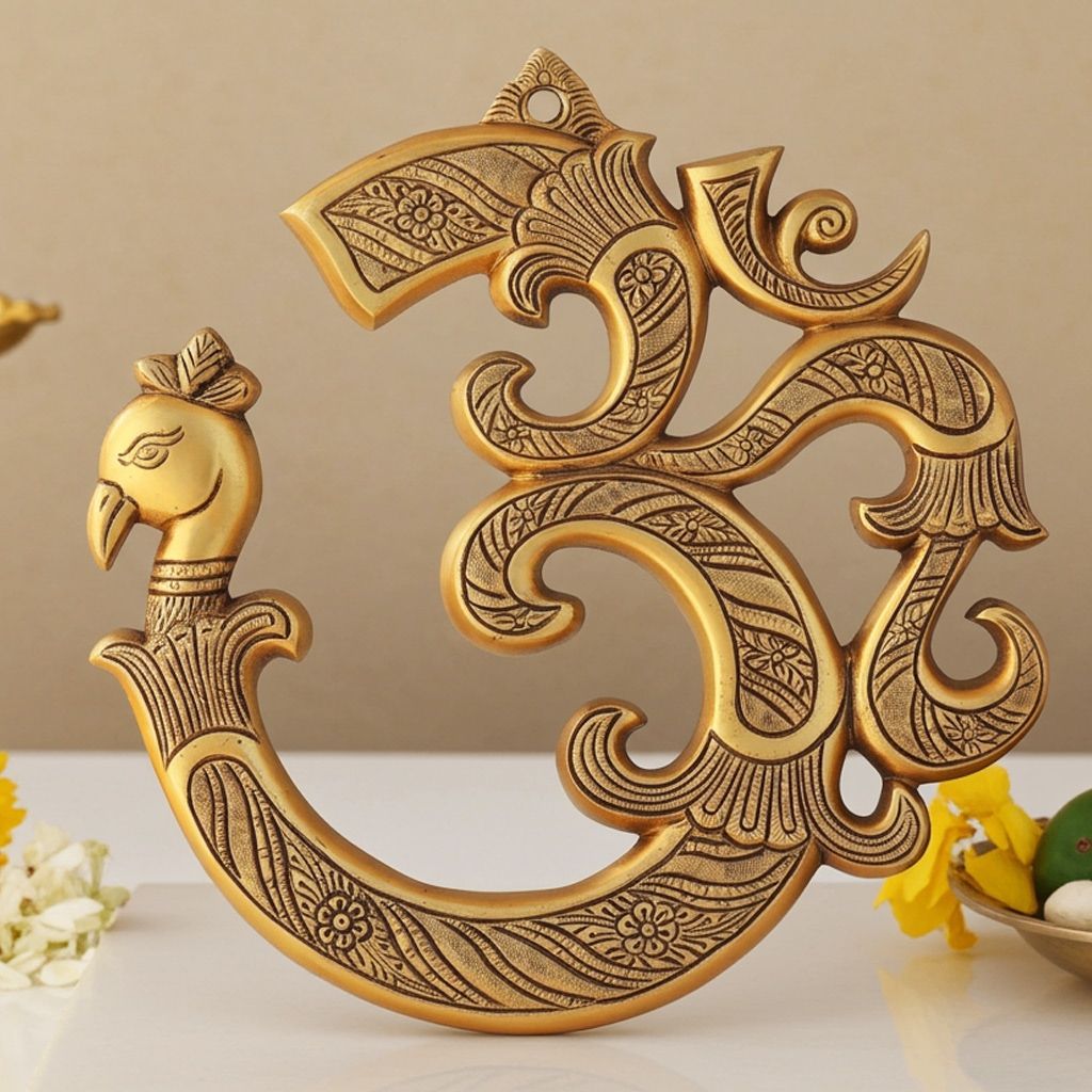 Brass Showpiece Wall Hanging Om With Peacock Statue, Height : 11 Inch (BSMAS1633 D)