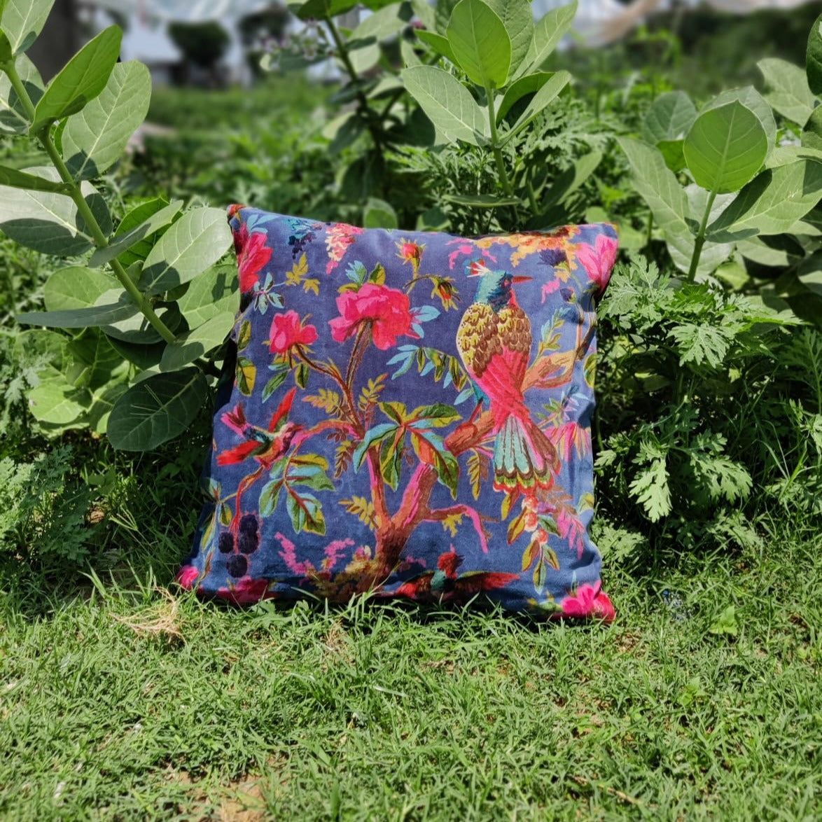 Birds of paradise velvet cushion cover- Dark Grey-12 x 12 inches / Plain Cotton Backing
