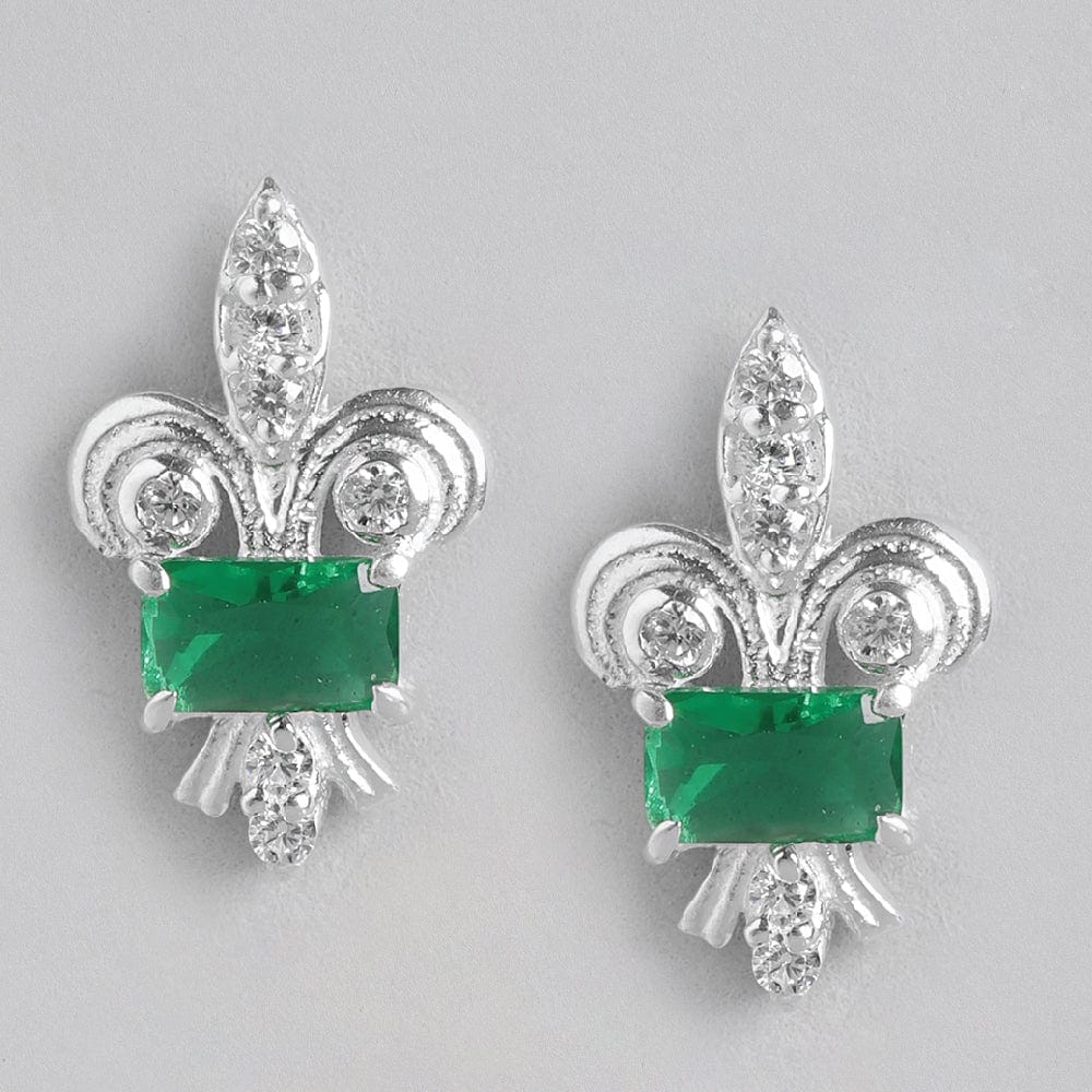 Silver Fleur De Lis Green Earring-Earring